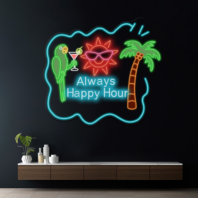Always Happy Hour Palm Tree Led Neon Sign Tiki Bar Neon Sign