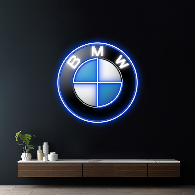 A neon LED sign with the BMW logo