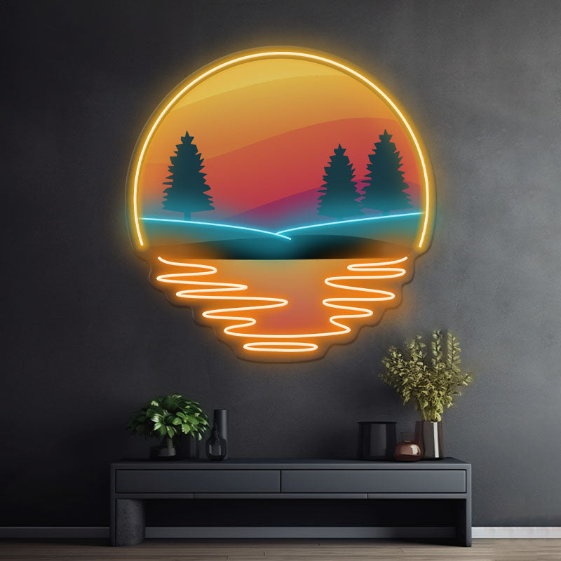 Sunset Pine Tree Silhouette Neon Sign UV Print 3D Neon Sign