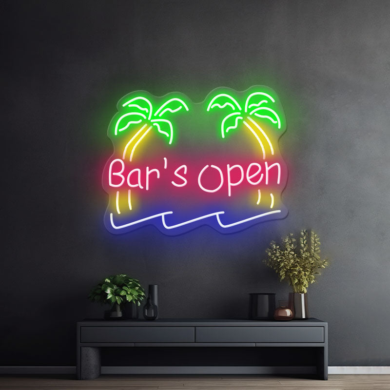 Palm Tree Bar Open Neon Sign