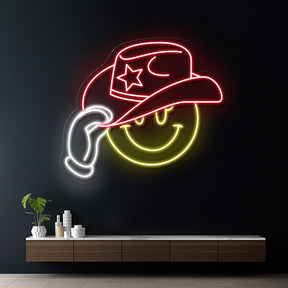 Cowboy Hat Smiling Face Neon Light for Wall Decor