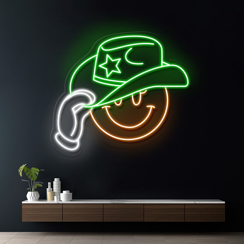 Cowboy Hat Smiling Face Neon Light for Wall Decor