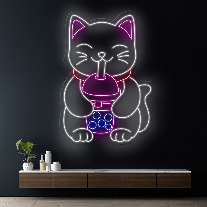 Cat Drinking Boba Tea Neon Sign Shop Decor Neon Sign