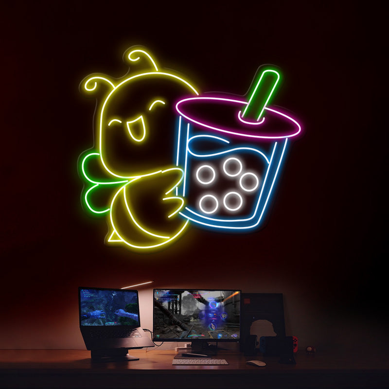 Bee Drinking Boba Tea Neon Sign