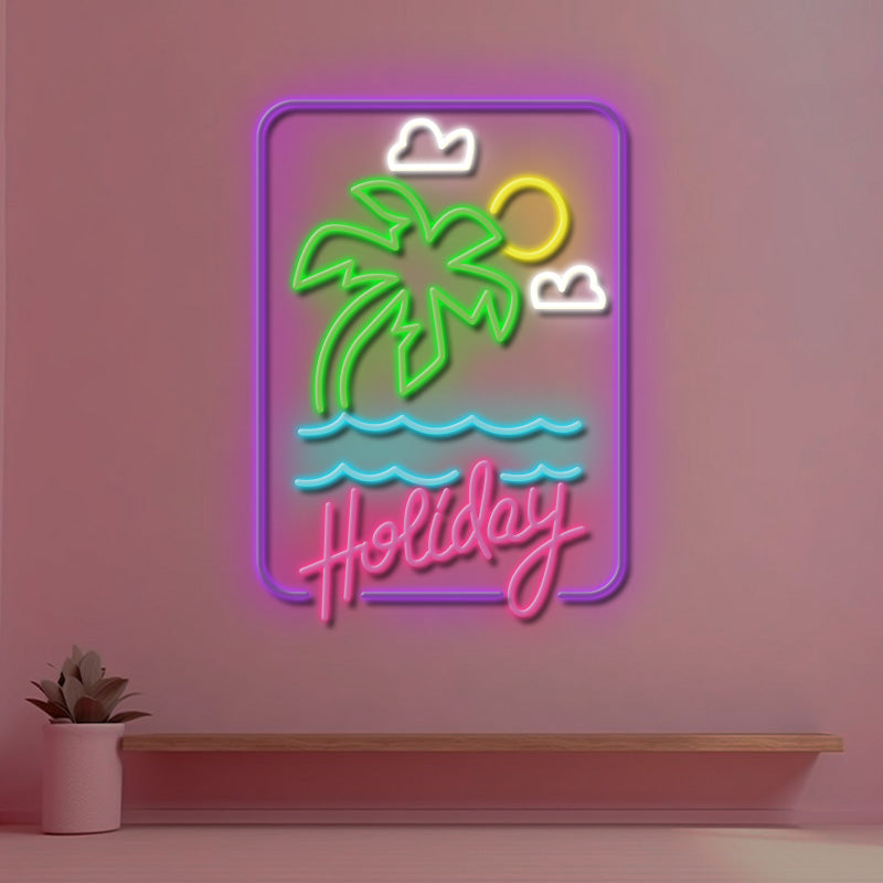 Holiday Palm Tree Sun Cloud Wave Neon Sign