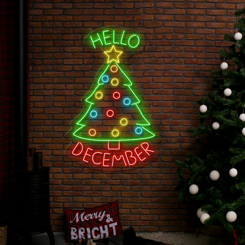 Hello December Christmas Tree Neon Sign