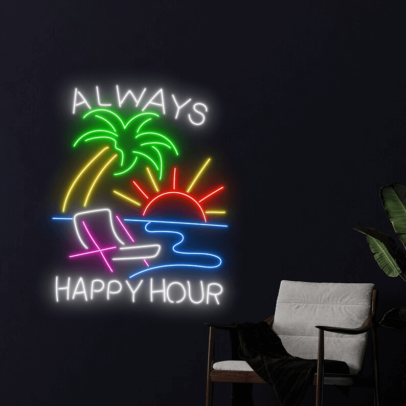 Always Happy Hour Neon Sign Beach Sun Palm Tree Led Sign