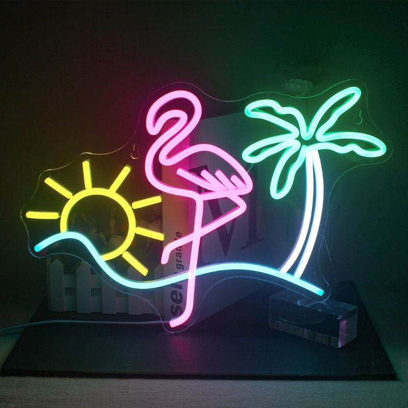 Colorful Flamingo Sun Palm Tree Neon Sign