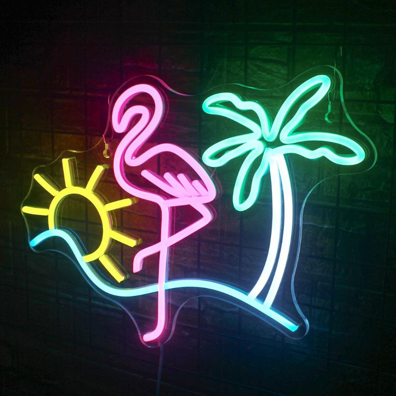 Colorful Flamingo Sun Palm Tree Neon Sign