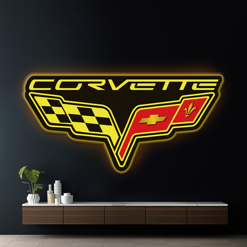 A neon sign with the Corvette logo