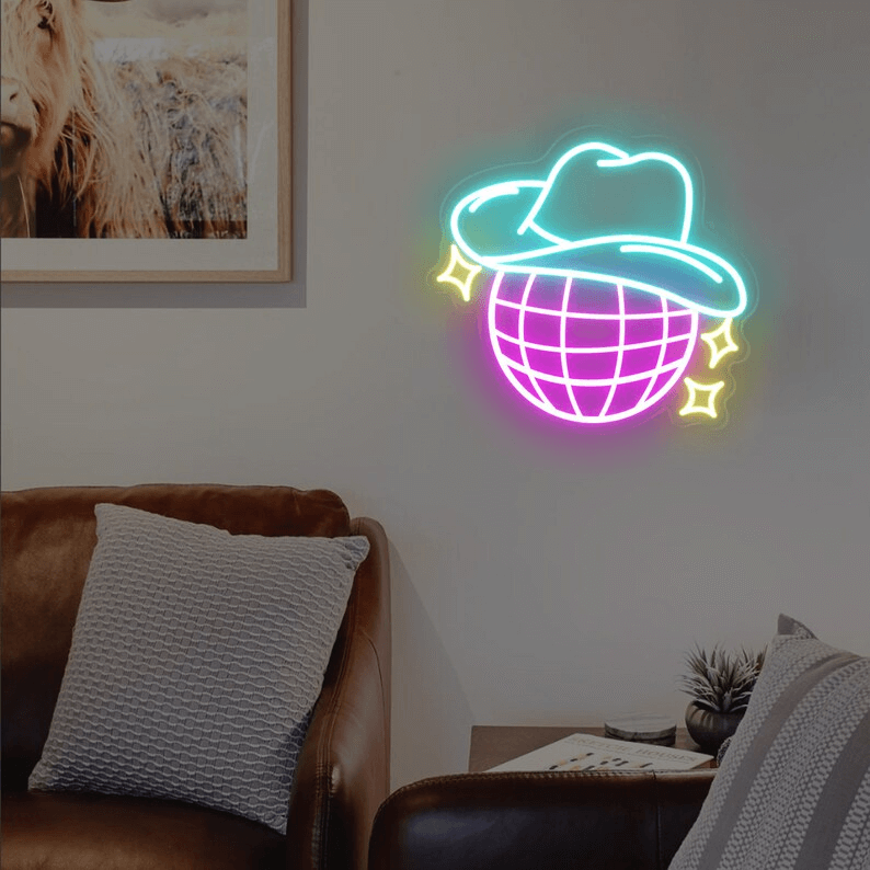 Disco Ball Neon Sign Cowgirl Hat Sign for Room Decor