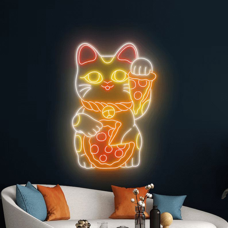 Lucky Cat Eating Pizza Neon Sign Restaurant Wall Decor