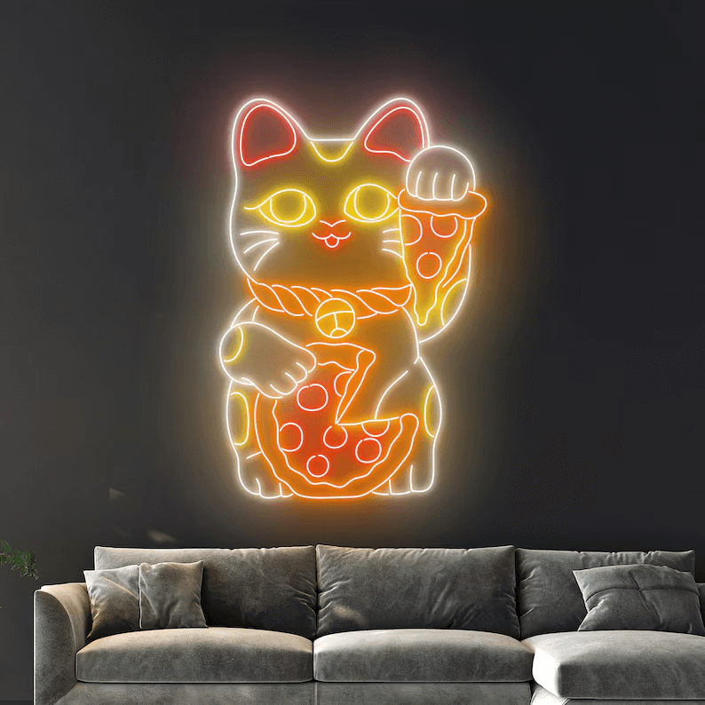 Lucky Cat Eating Pizza Neon Sign Restaurant Wall Decor