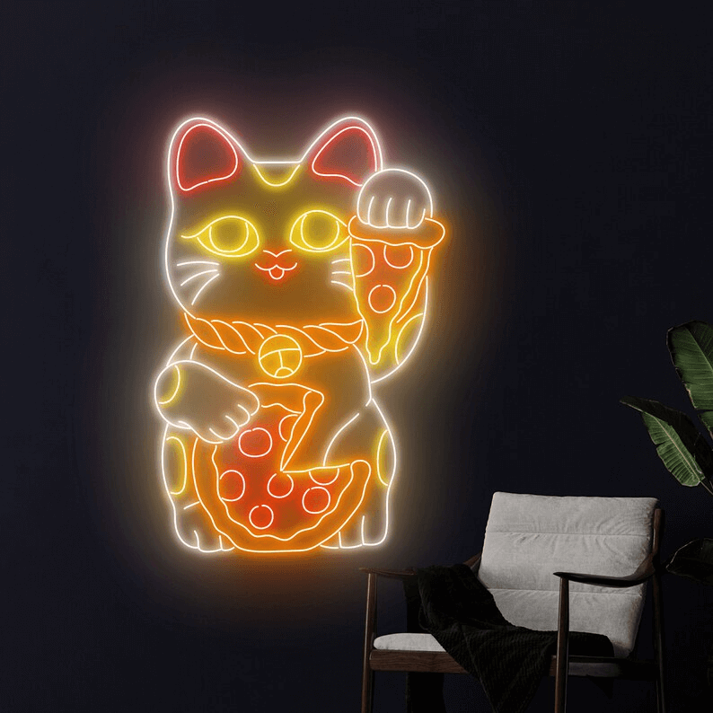 Lucky Cat Eating Pizza Neon Sign Restaurant Wall Decor