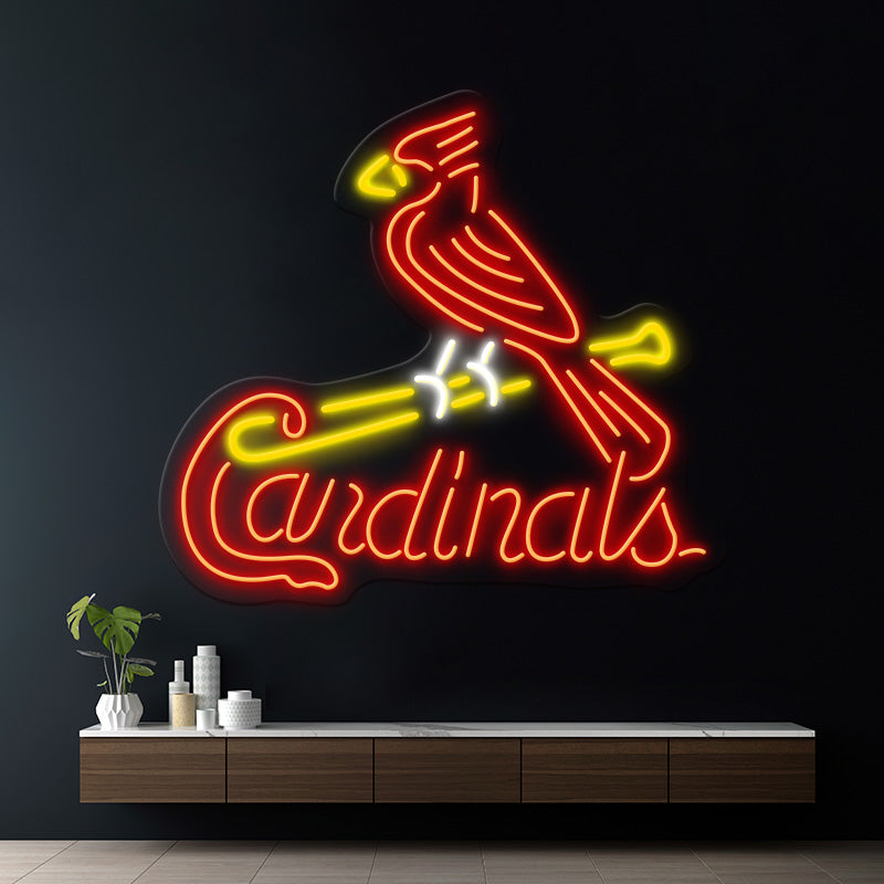 A neon sign featuring the St. Louis Cardinals logo