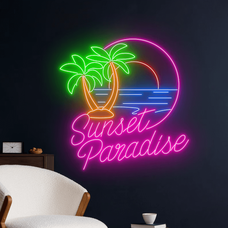 Ics Neon Sign Sunset Paradise Ocean Palm Tree Neon Sign
