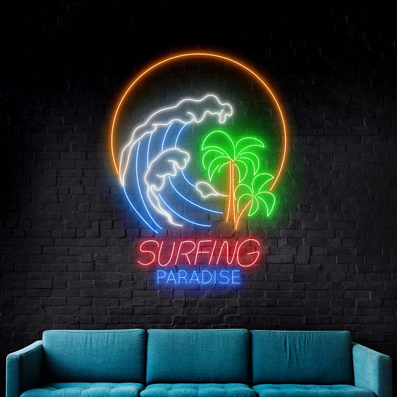 Surfing Paradise Palm Tree Neon Sign