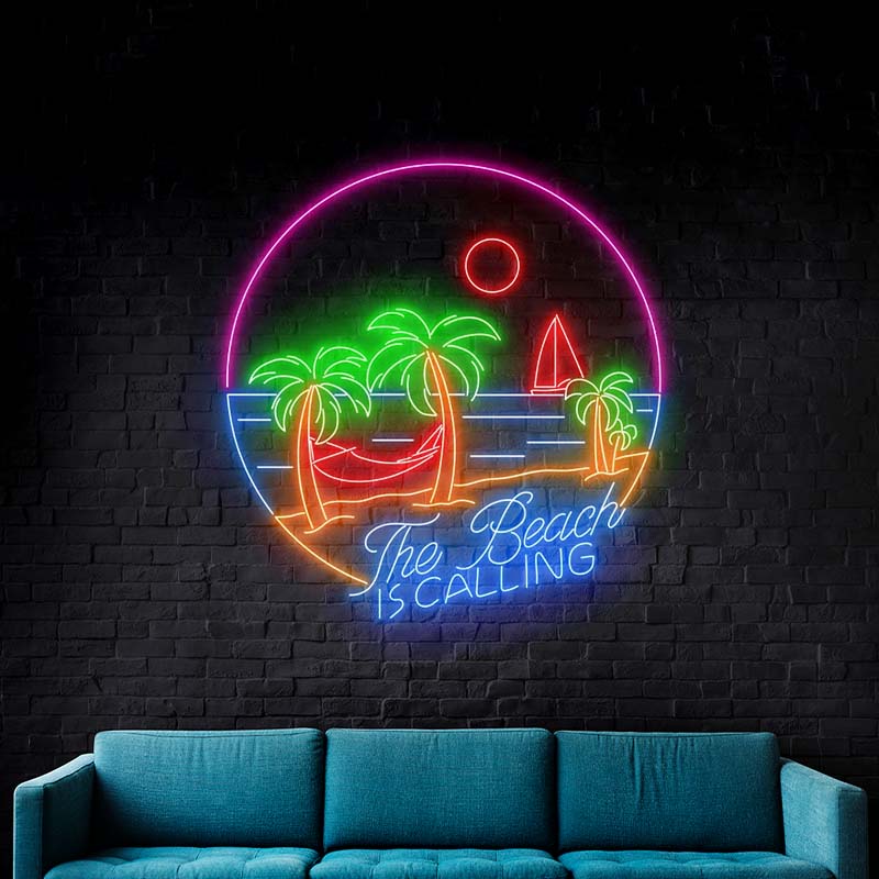 The Beach Is Calling Neon Sign Custom Ocean Palm Tree Neon Sign