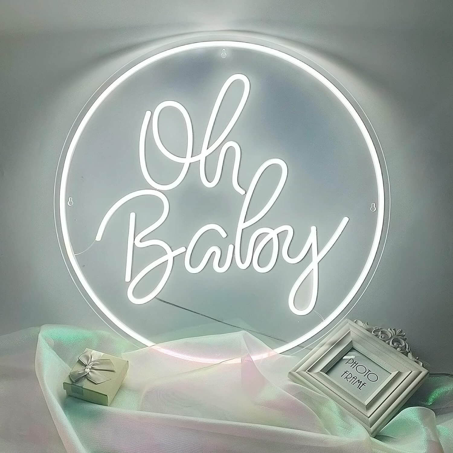 Round Oh Baby Neon Sign for Baby Shower Birthday Party Decor