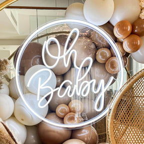 Round Oh Baby Neon Sign for Baby Shower Birthday Party Decor