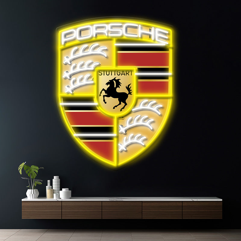  bright yellow and multicolor glow Porsche logo neon sign